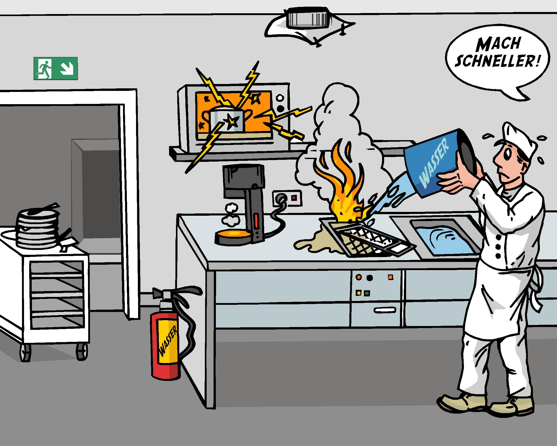 Suchbild: Figur Nils löscht die brennende Fritteuse mit Wasser